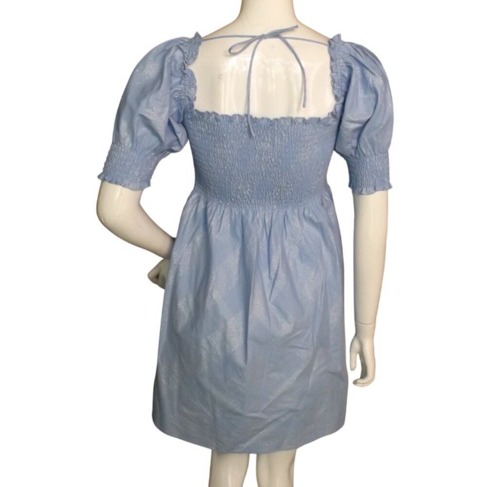 HILL HOUSE Mini Dress, S, Athena Nap, Powder Blue/Silver check, Smocking A-line - Picture 6 of 13